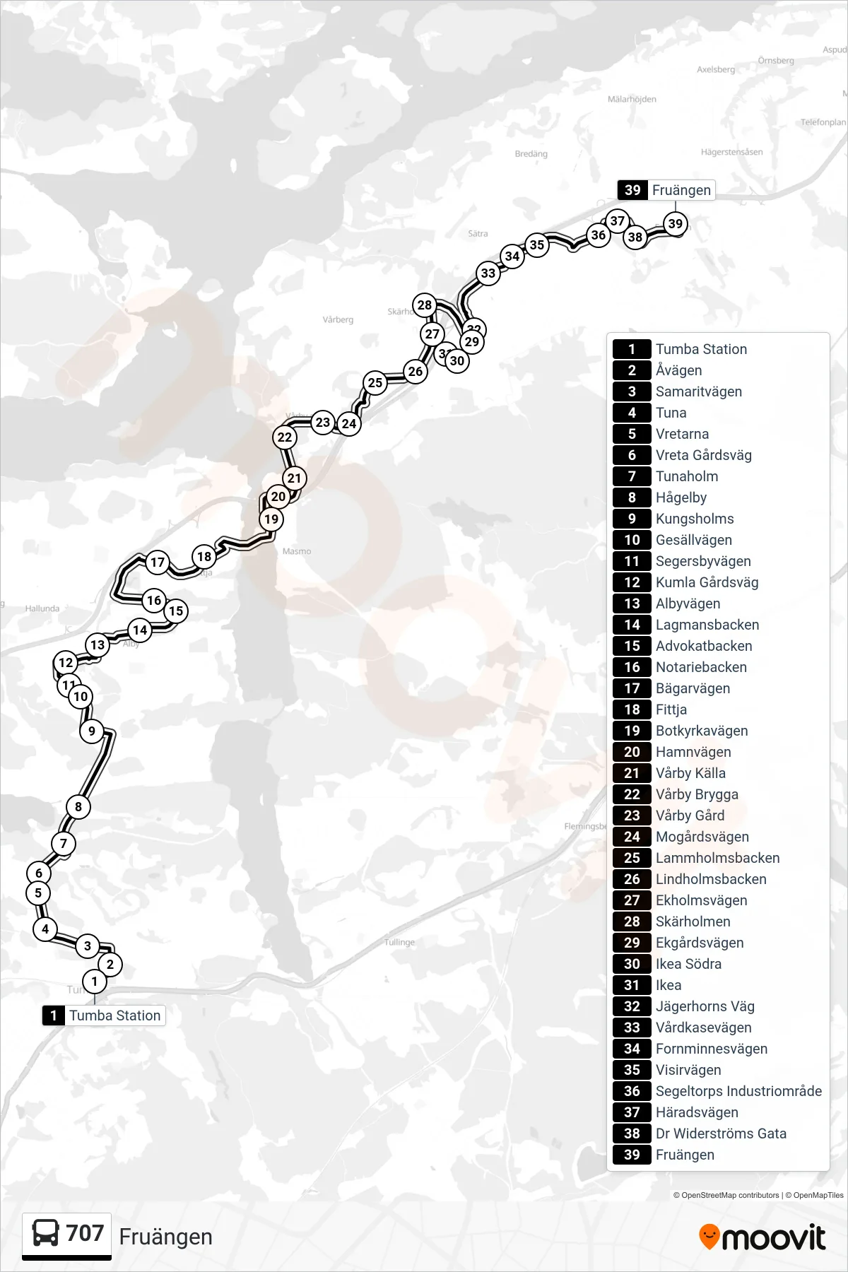 Rutt och hållplatser på karta för linje 707 buss, (Fruängen)