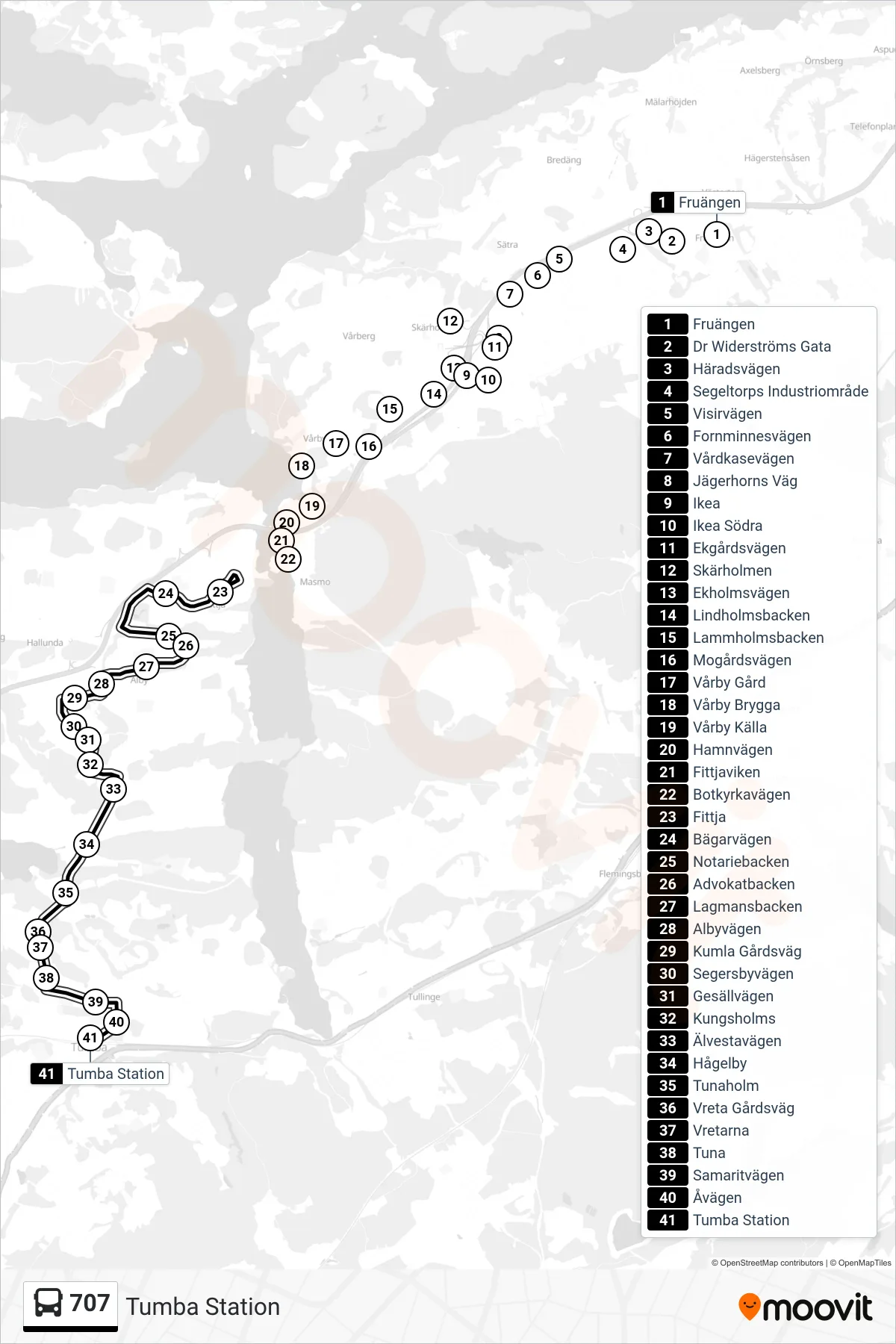 Rutt och hållplatser på karta för linje 707  buss, (Tumba Station)