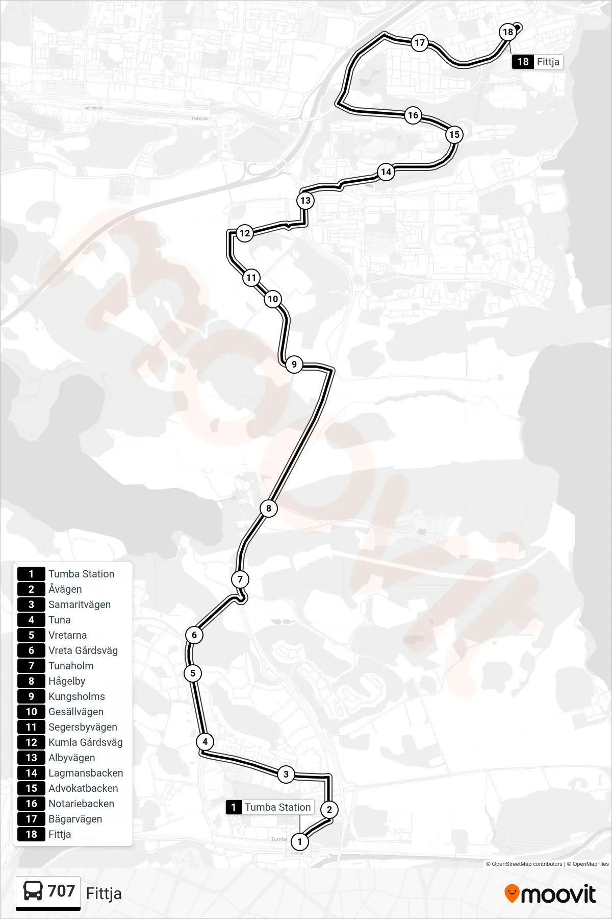Rutt och hållplatser på karta för linje 707 buss, (Fittja)