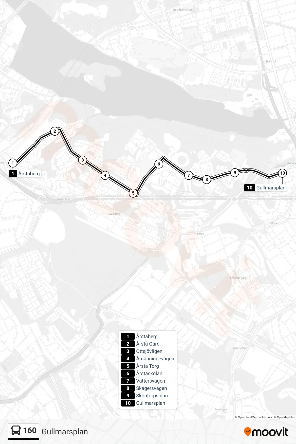 Rutt och hållplatser på karta för linje 160  buss, (Gullmarsplan)