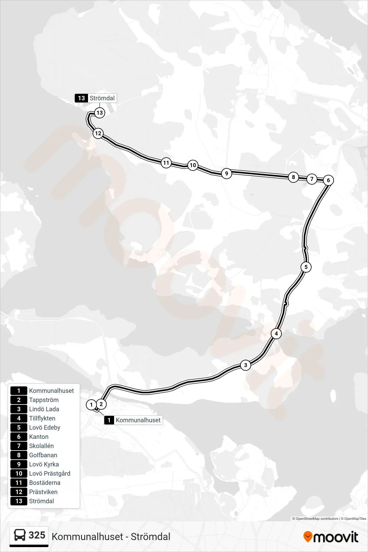 Rutt och hållplatser på karta för linje 325  buss, (Strömdal)