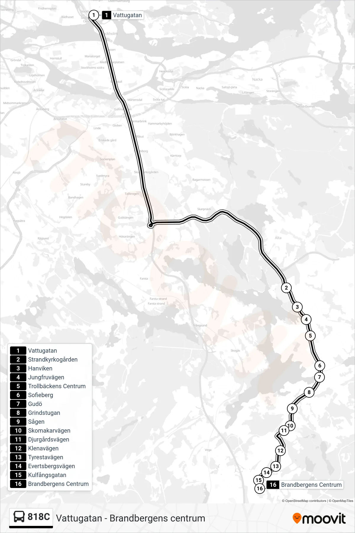 Rutt och hållplatser på karta för linje 818C buss, (Brandbergens Centrum)