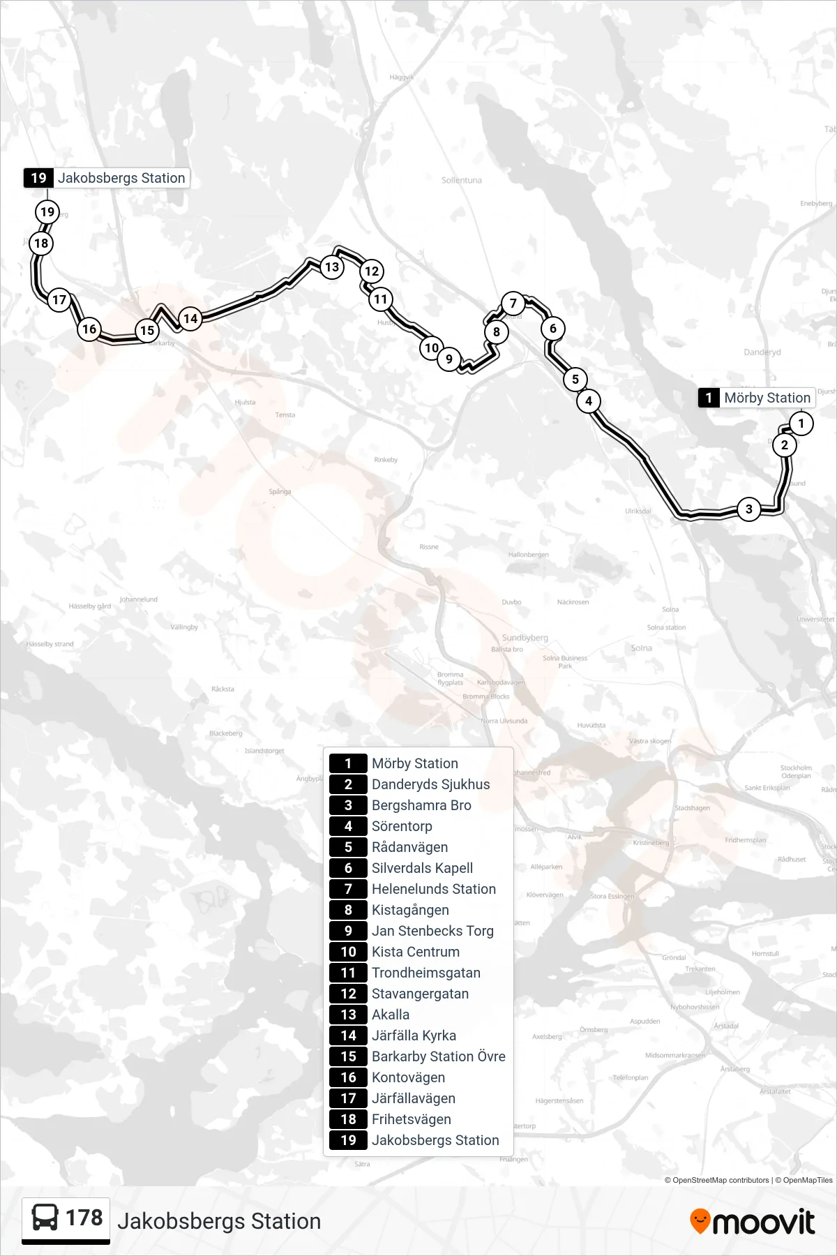 Rutt och hållplatser på karta för linje 178  buss, (Jakobsbergs Station)