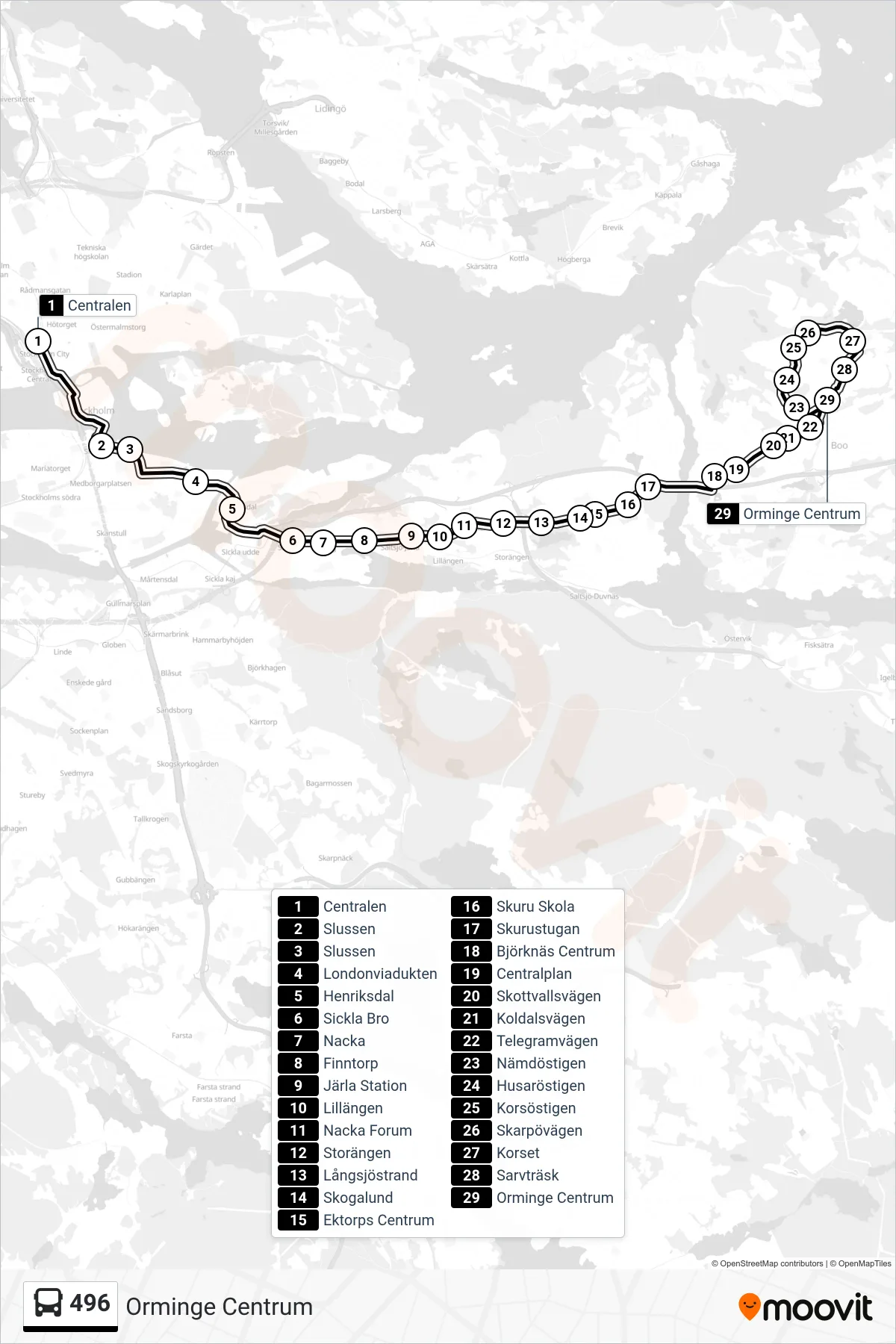 Rutt och hållplatser på karta för linje 496 buss, (Orminge Centrum)