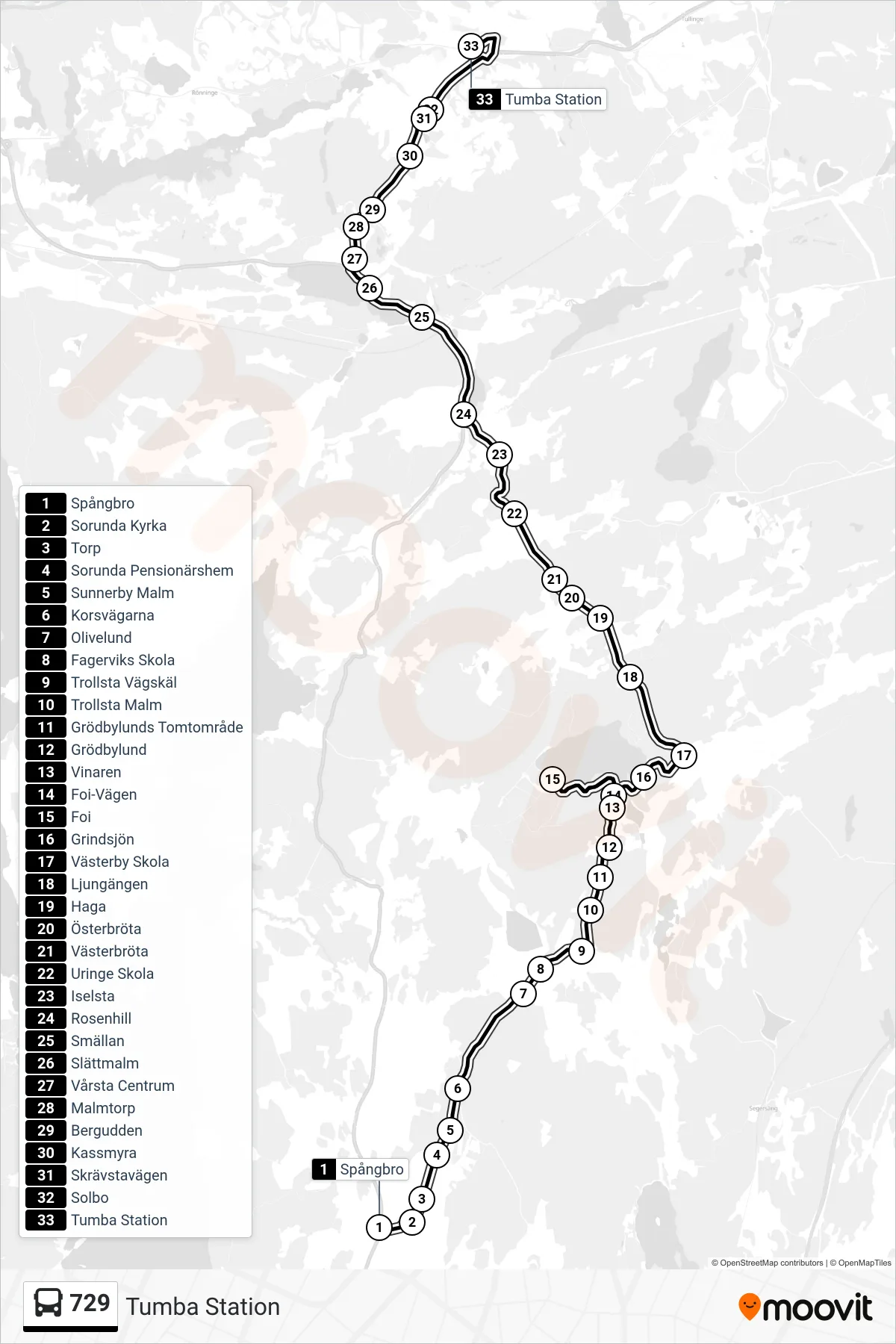 Rutt och hållplatser på karta för linje 729 buss, (Tumba Station)