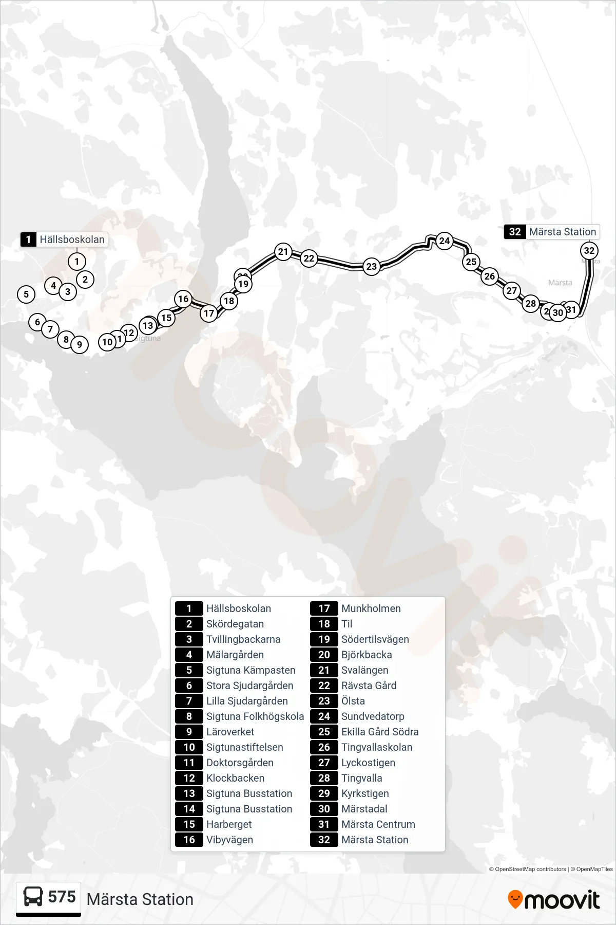 Rutt och hållplatser på karta för linje 575  buss, (Märsta Station)