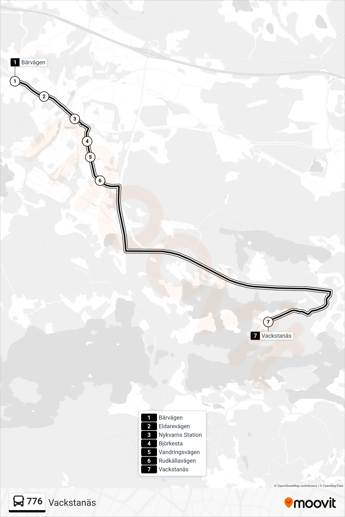 Rutt och hållplatser på karta för linje 776  buss, (Vackstanäs)