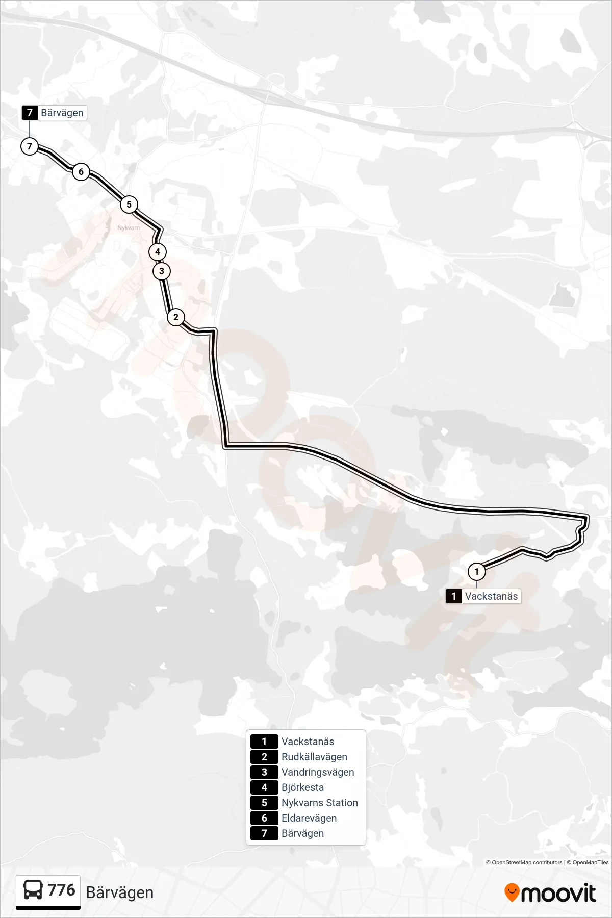 Rutt och hållplatser på karta för linje 776 buss, (Bärvägen)