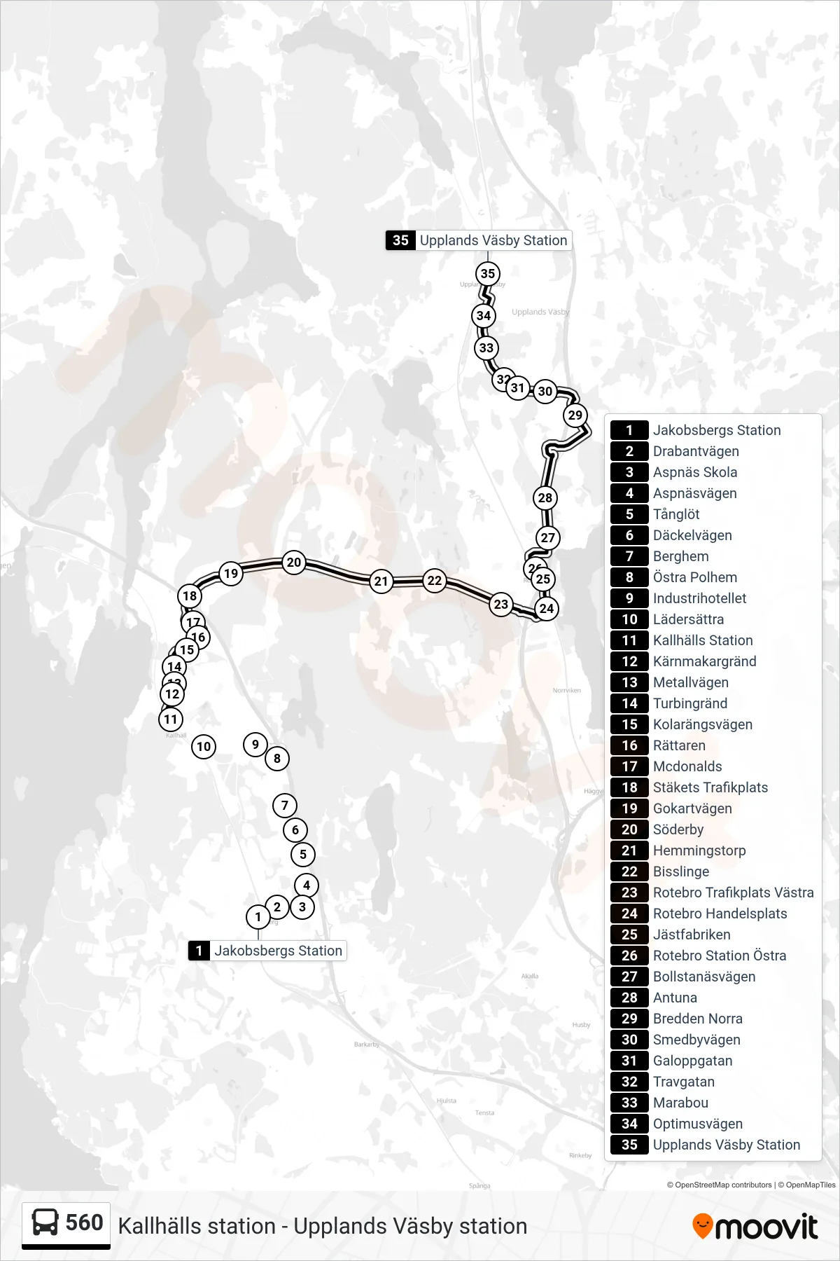 Rutt och hållplatser på karta för linje 560 buss, (Upplands Väsby Station)