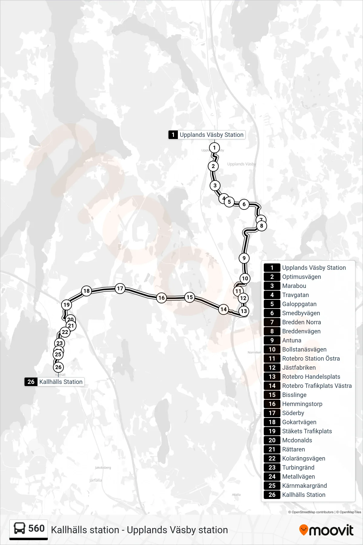 Rutt och hållplatser på karta för linje 560 buss, (Kallhälls Station)