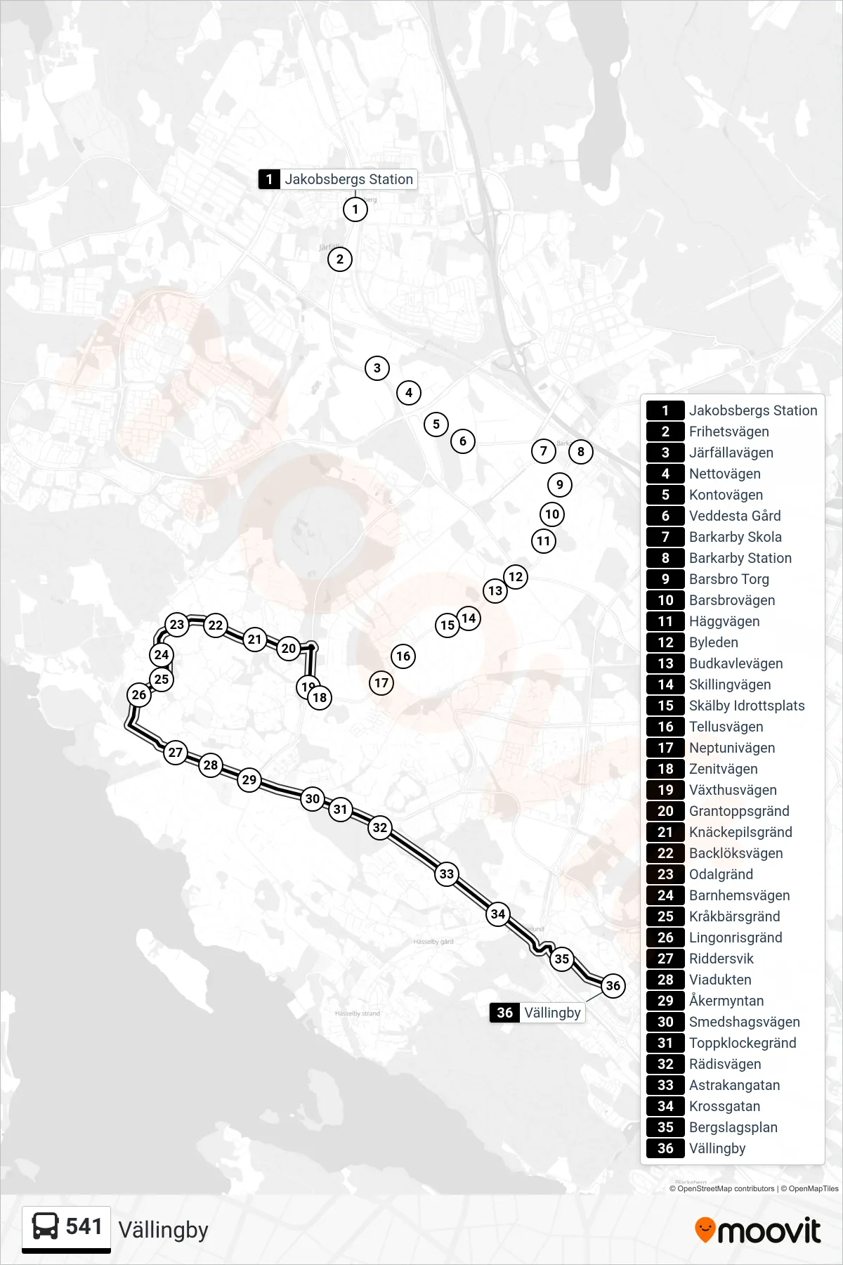 Rutt och hållplatser på karta för linje 541 buss, (Vällingby)