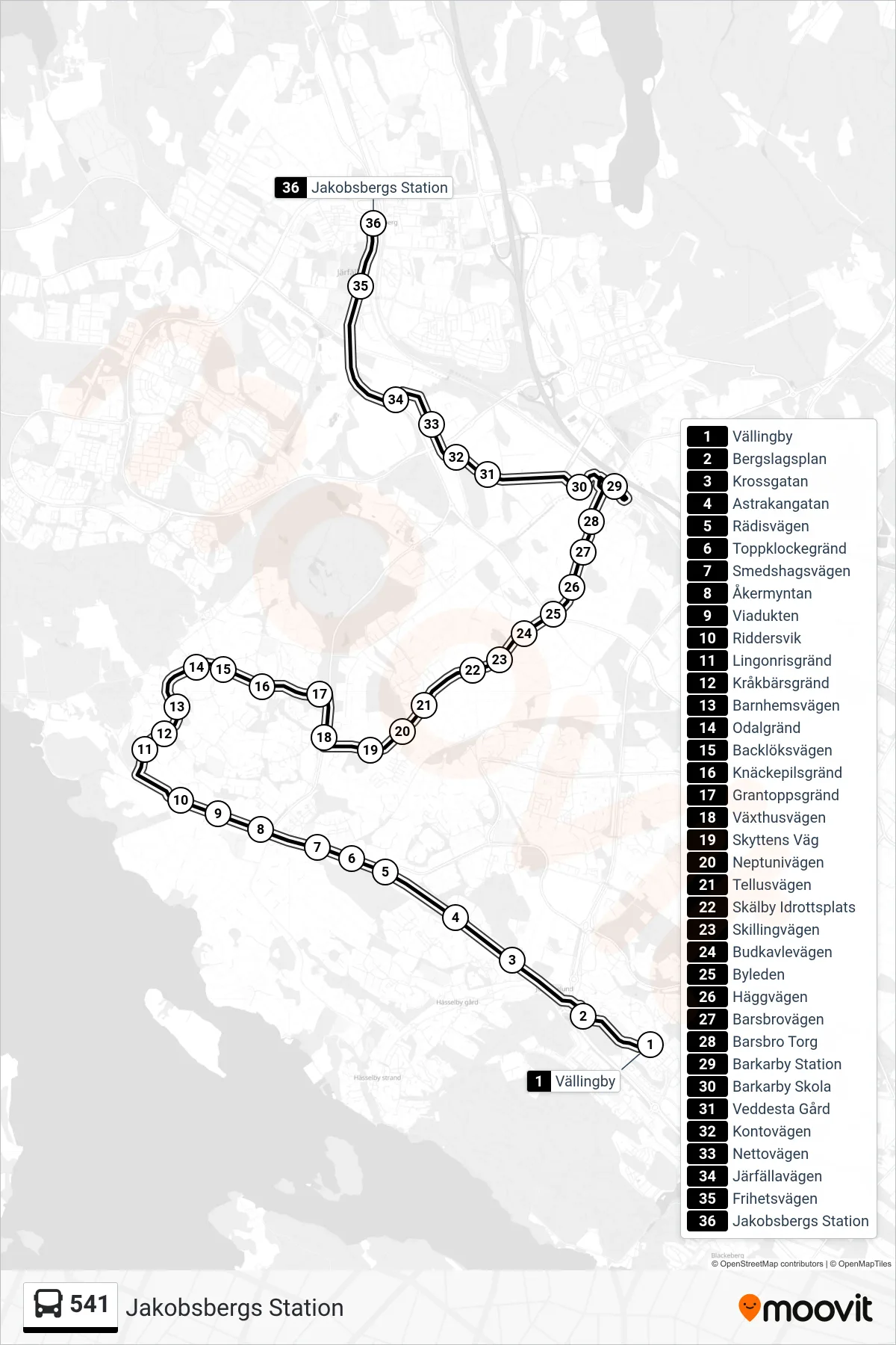 Rutt och hållplatser på karta för linje 541 buss, (Jakobsbergs Station)