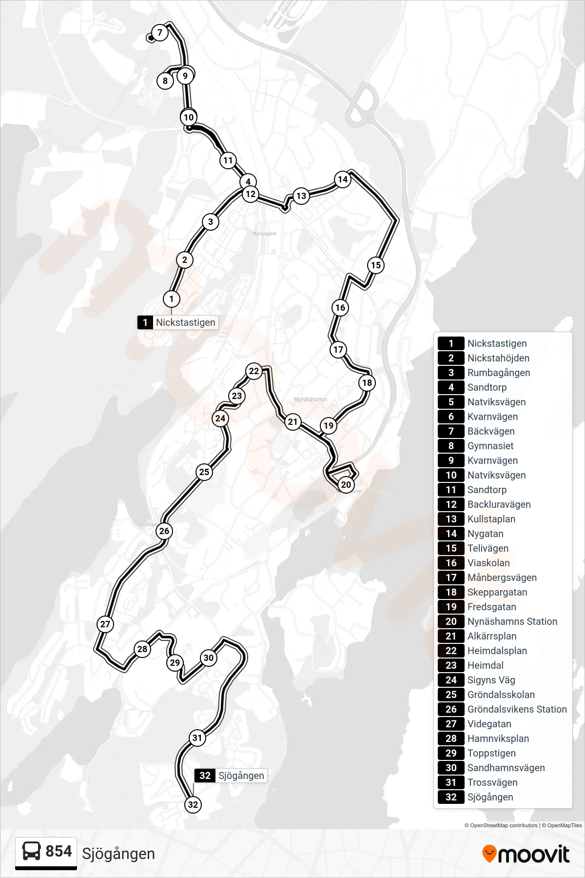 Rutt och hållplatser på karta för linje 854  buss, (Sjögången)