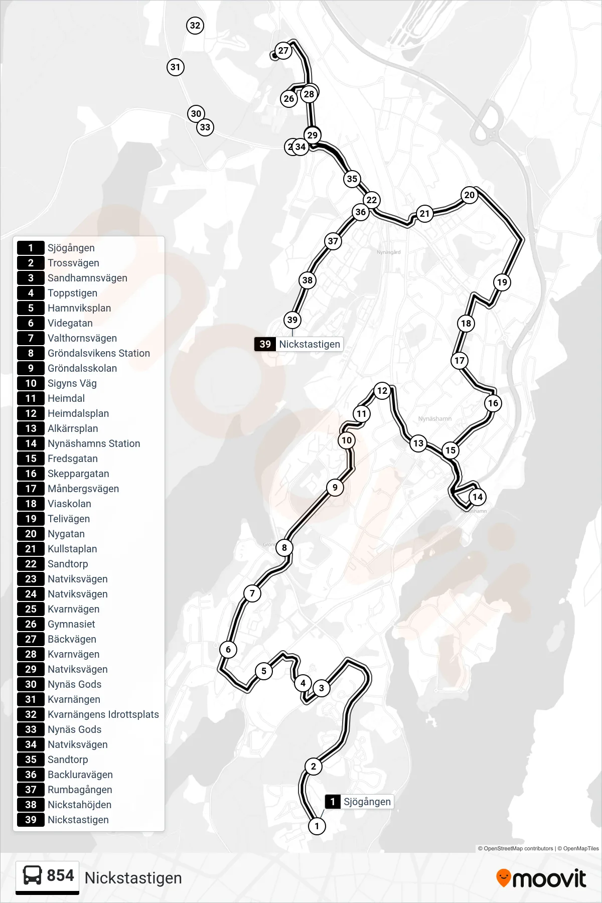 Rutt och hållplatser på karta för linje 854 buss, (Nickstastigen)