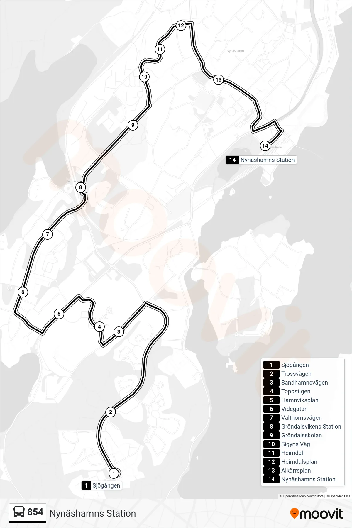 Rutt och hållplatser på karta för linje 854  buss, (Nynäshamns Station)