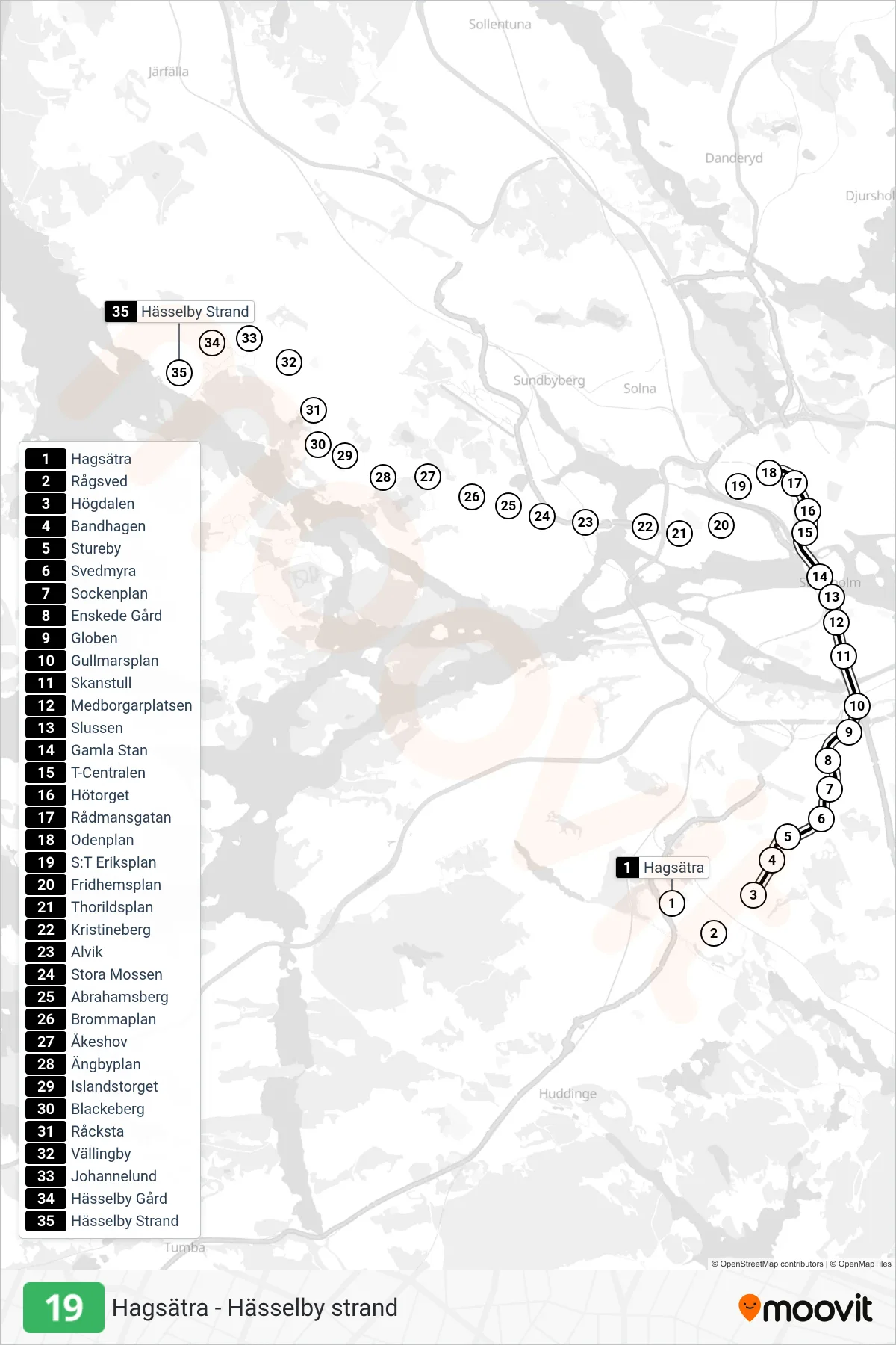Rutt och hållplatser på karta för linje 19 tunnelbana, (Nordväst)