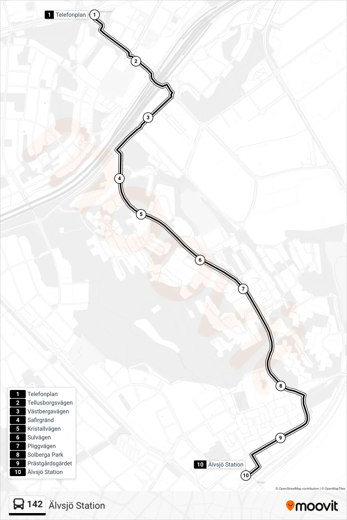 Rutt och hållplatser på karta för linje 142 buss, (Älvsjö Station)
