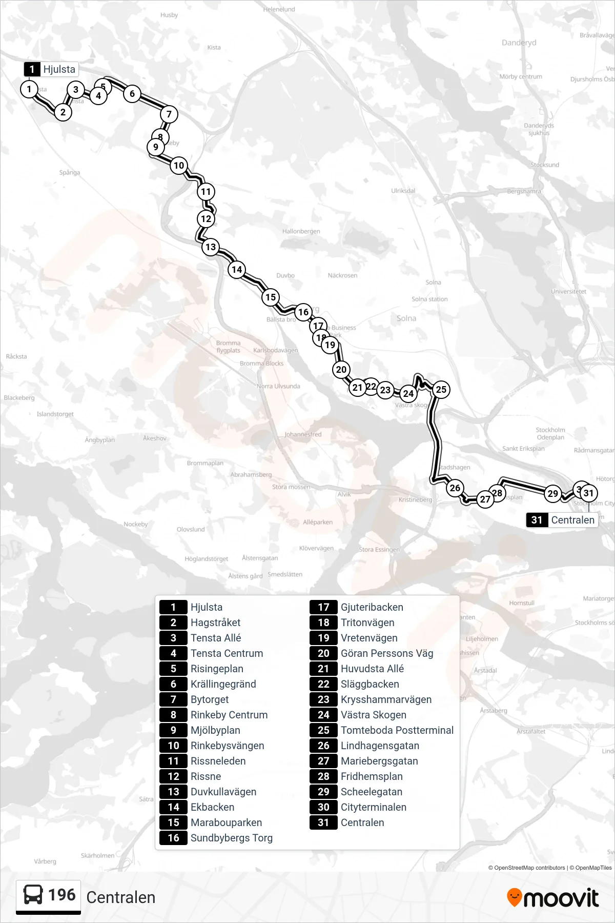 Rutt och hållplatser på karta för linje 196 buss, (Centralen)
