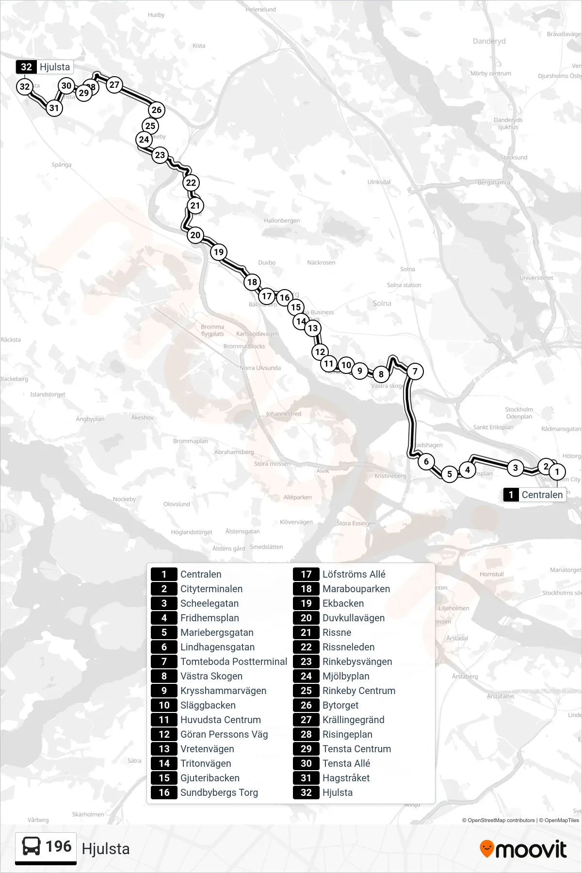 Rutt och hållplatser på karta för linje 196 buss, (Hjulsta)