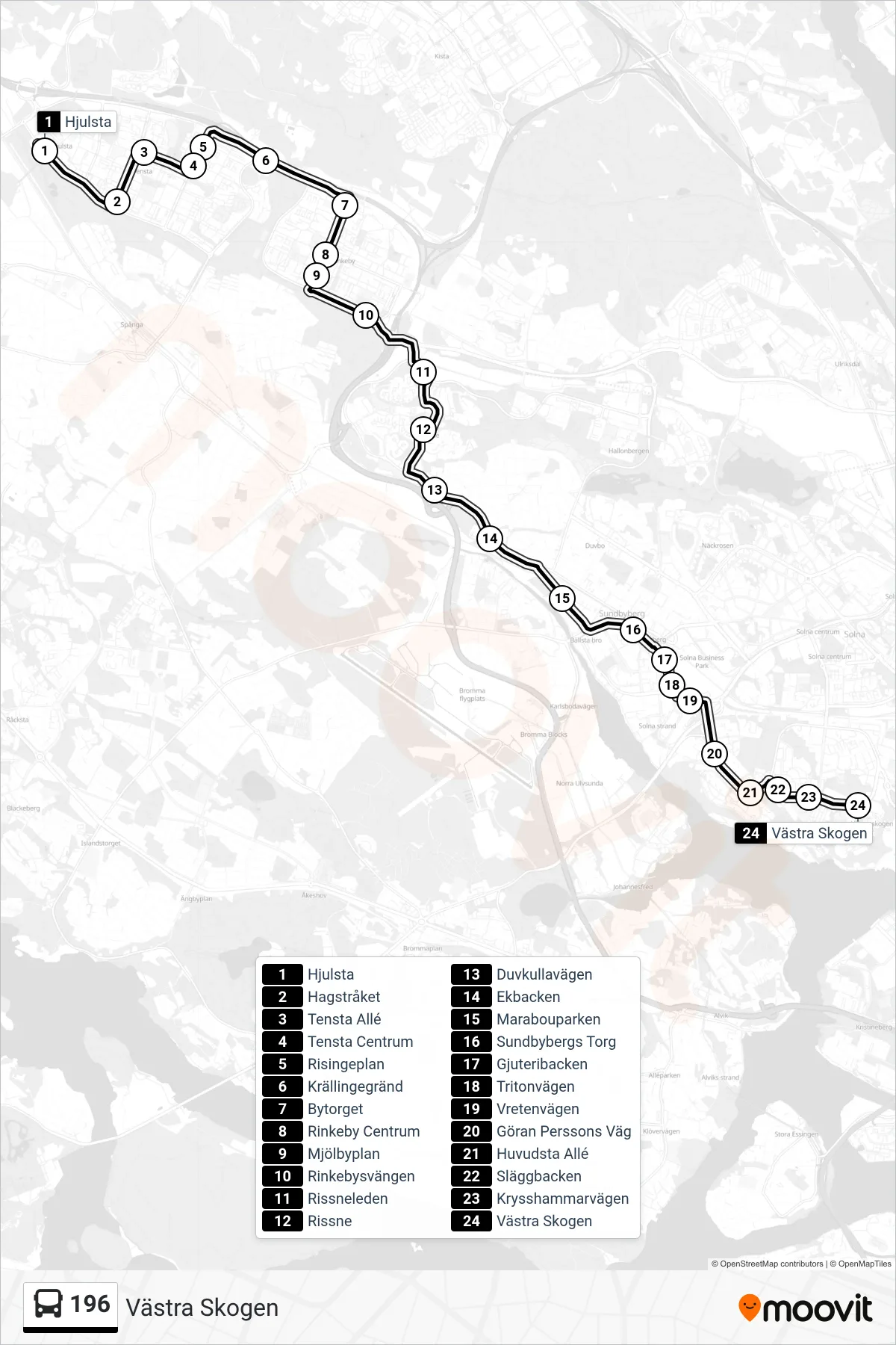 Rutt och hållplatser på karta för linje 196 buss, (Västra Skogen)