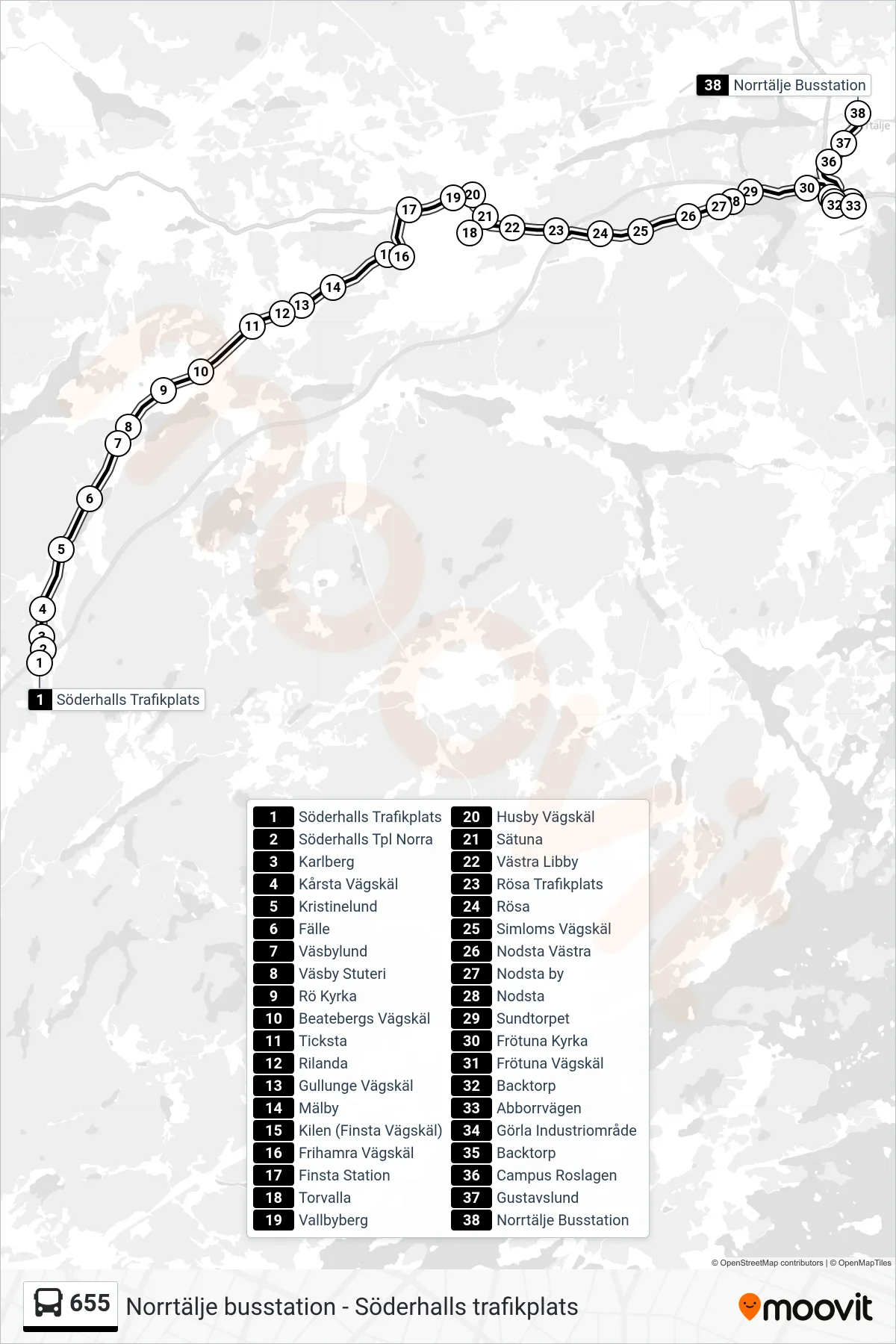Rutt och hållplatser på karta för linje 655 buss, (Norrtälje Busstation)