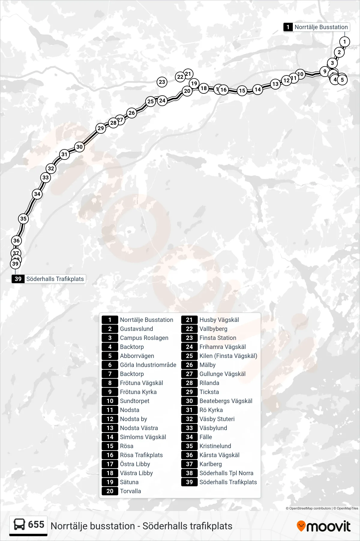Rutt och hållplatser på karta för linje 655 buss, (Söderhalls Trafikplats)