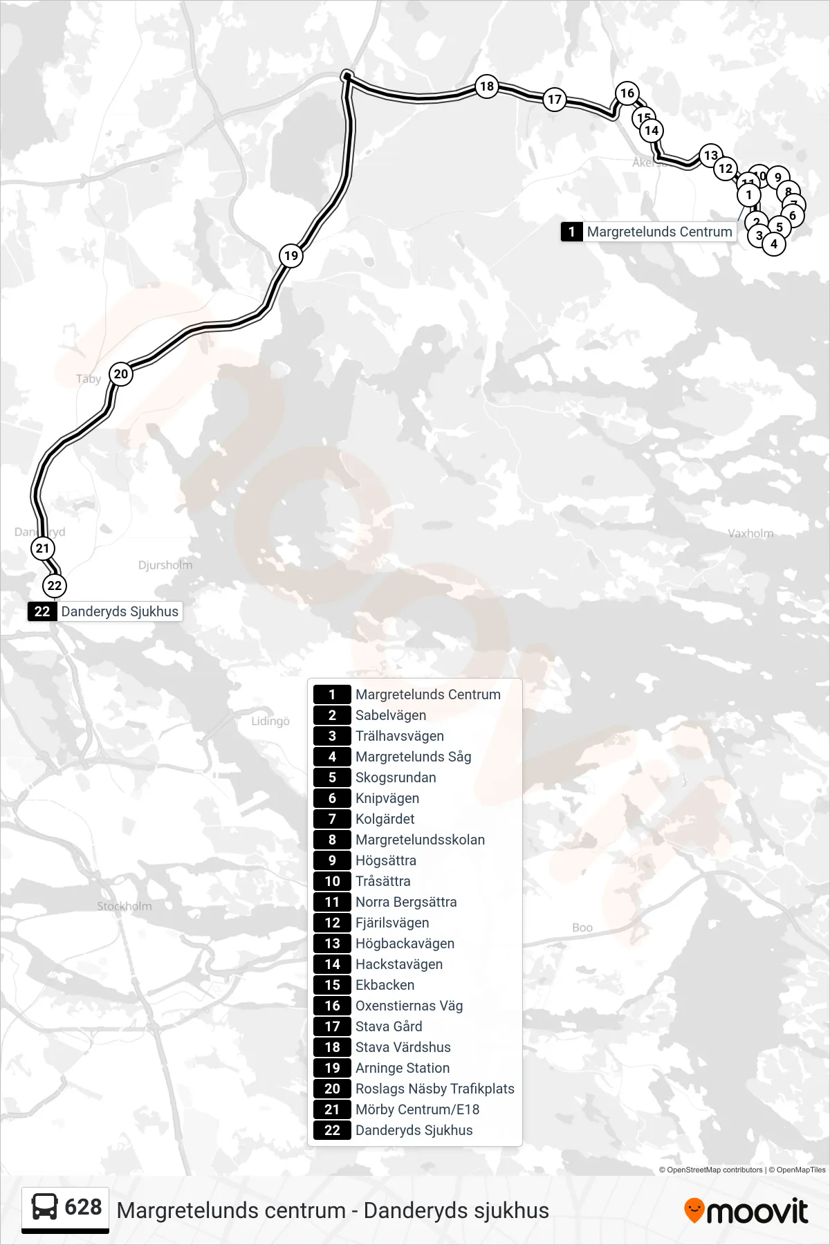 Rutt och hållplatser på karta för linje 628 buss, (Danderyds Sjukhus)