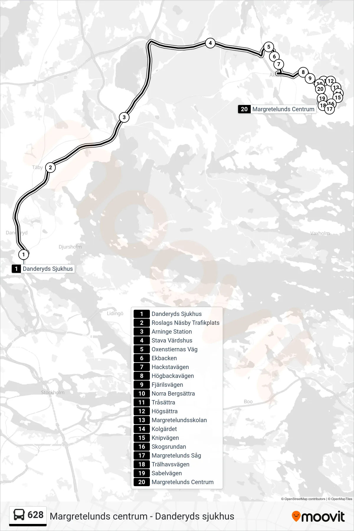 Rutt och hållplatser på karta för linje 628 buss, (Margretelunds Centrum)