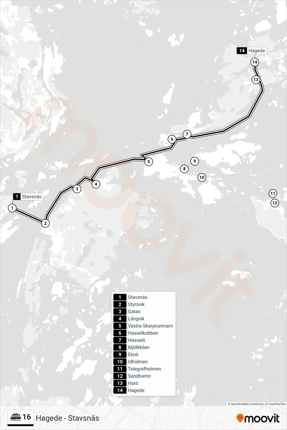 Rutt och hållplatser på karta för linje 16 färja, (Hagede)