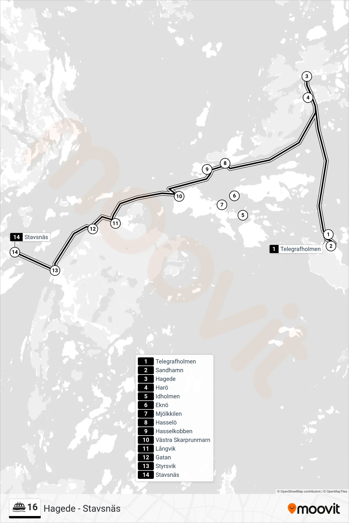 Rutt och hållplatser på karta för linje 16 färja, (Stavsnäs)