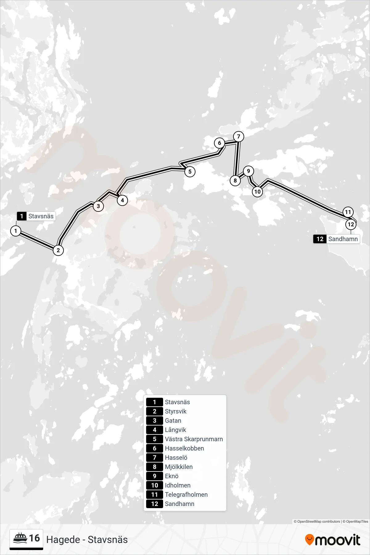 Rutt och hållplatser på karta för linje 16 färja, (Sandhamn)
