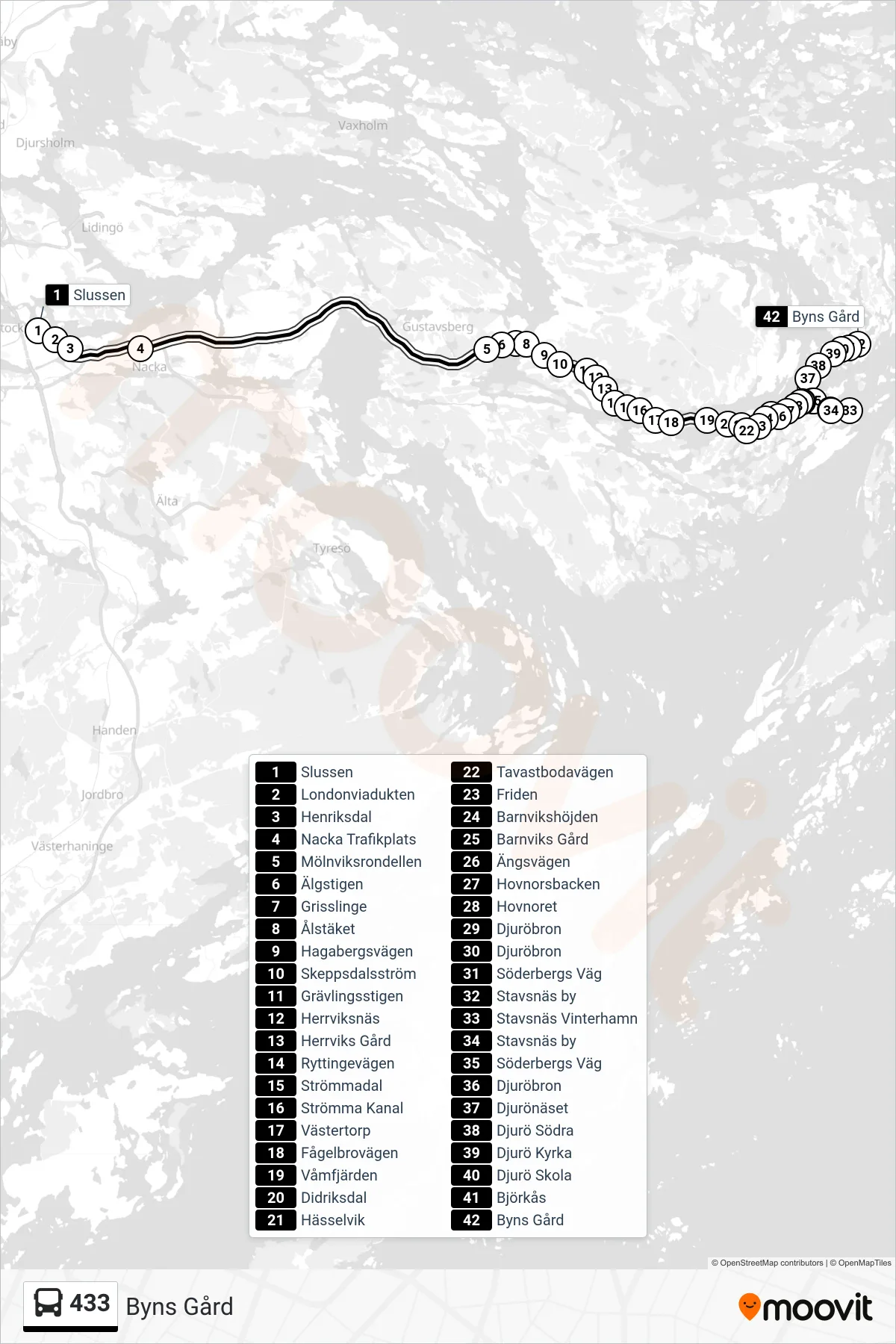 Rutt och hållplatser på karta för linje 433  buss, (Byns Gård)