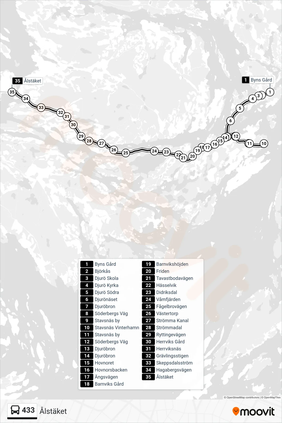 Rutt och hållplatser på karta för linje 433  buss, (Ålstäket)