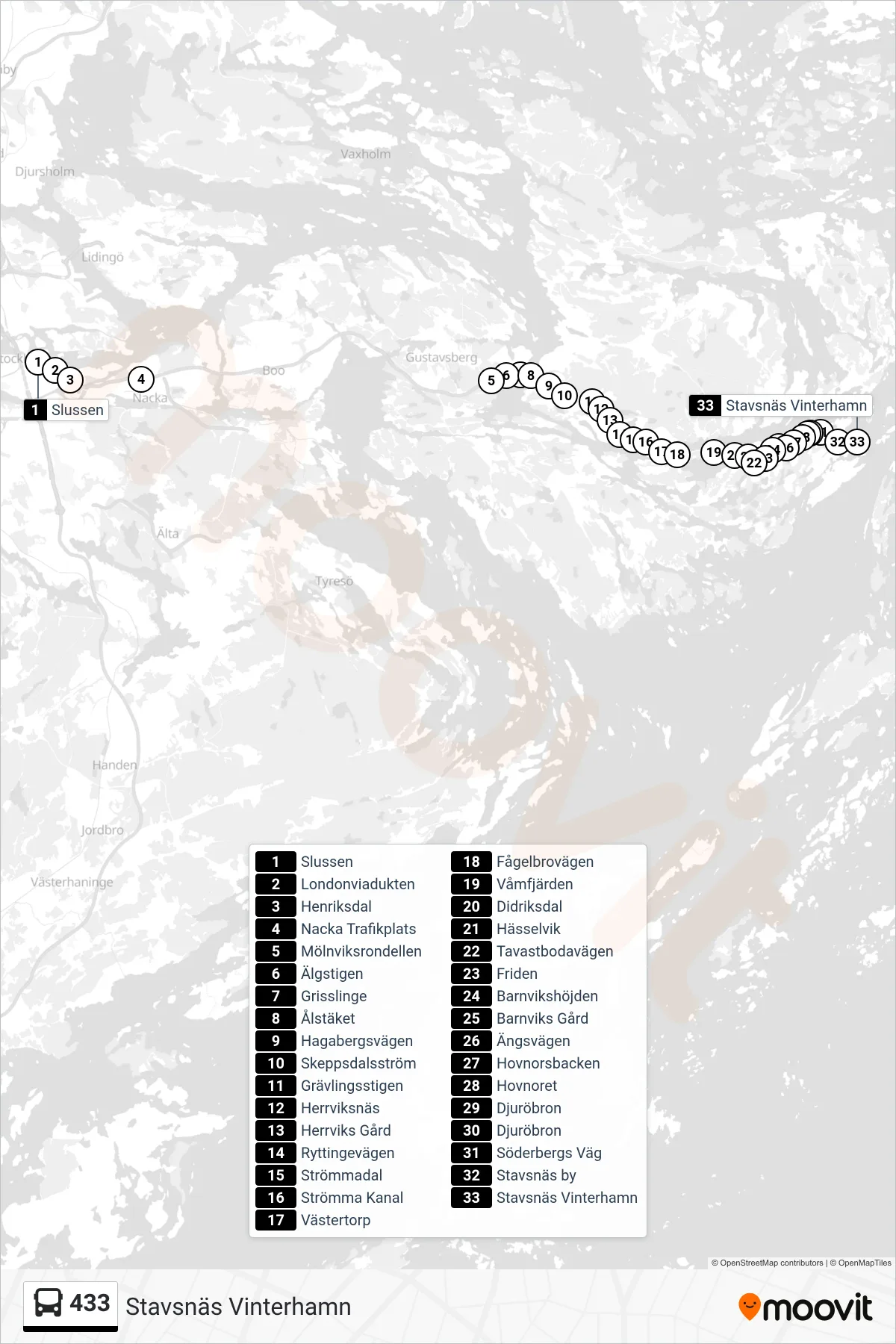 Rutt och hållplatser på karta för linje 433 buss, (Stavsnäs Vinterhamn)