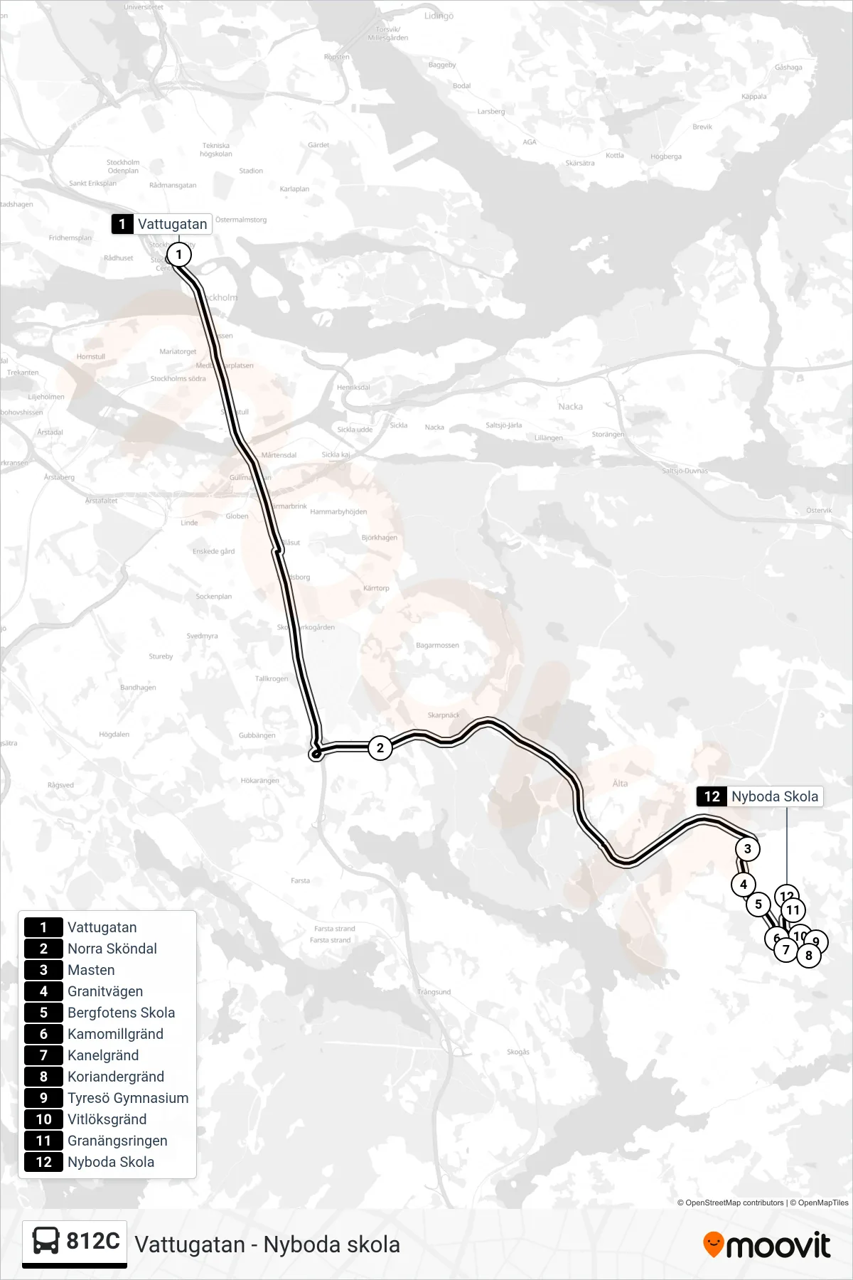 Rutt och hållplatser på karta för linje 812C buss, (Nyboda Skola)