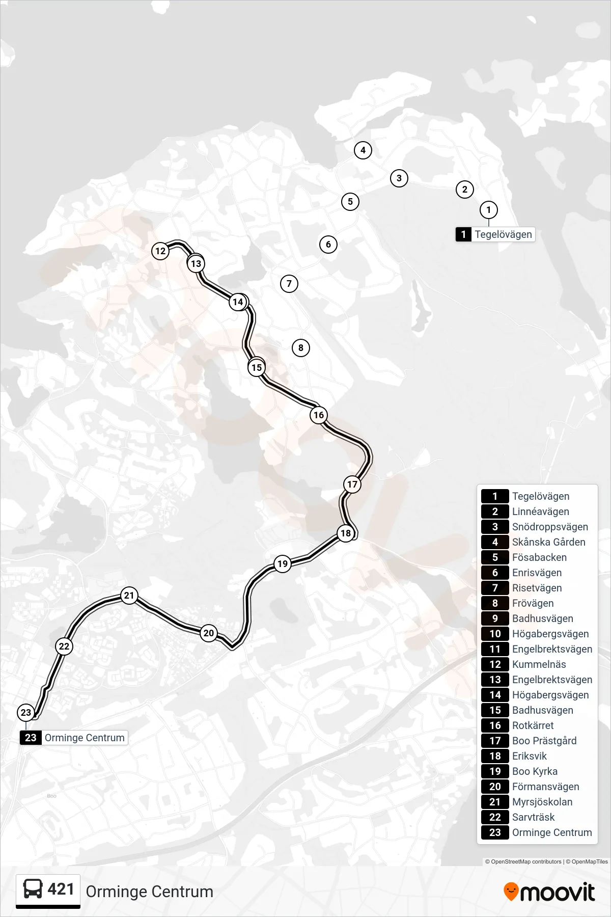 Rutt och hållplatser på karta för linje 421 buss, (Orminge Centrum)