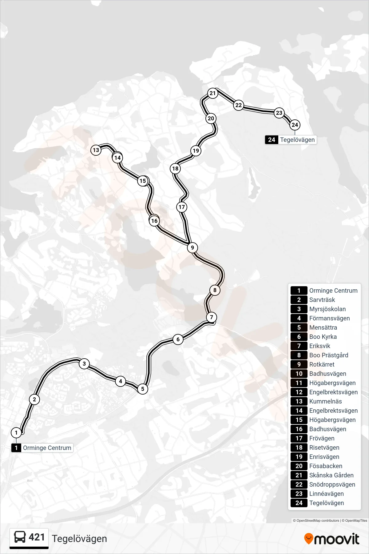 Rutt och hållplatser på karta för linje 421 buss, (Tegelövägen)