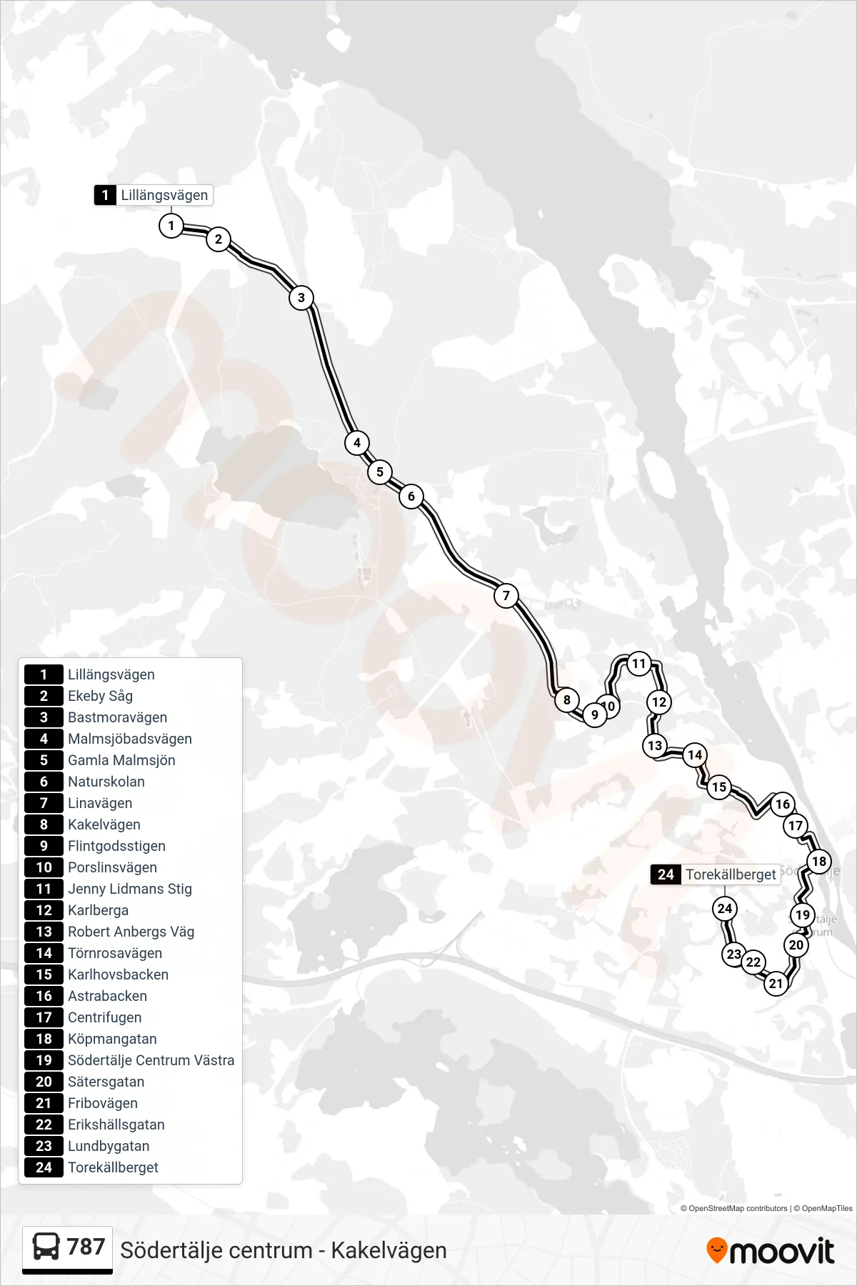 Rutt och hållplatser på karta för linje 787  buss, (Torekällberget)
