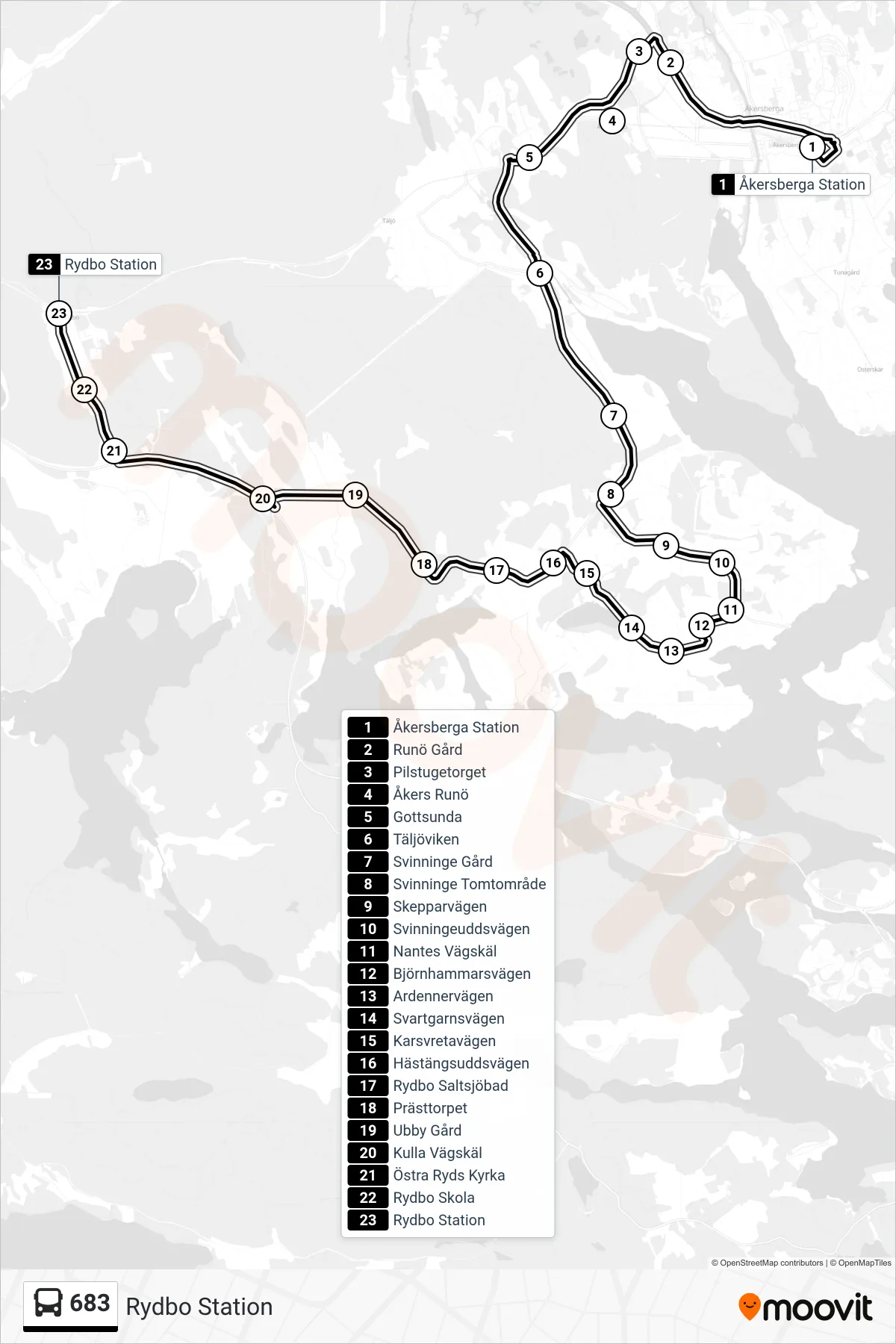 Rutt och hållplatser på karta för linje 683 buss, (Rydbo Station)