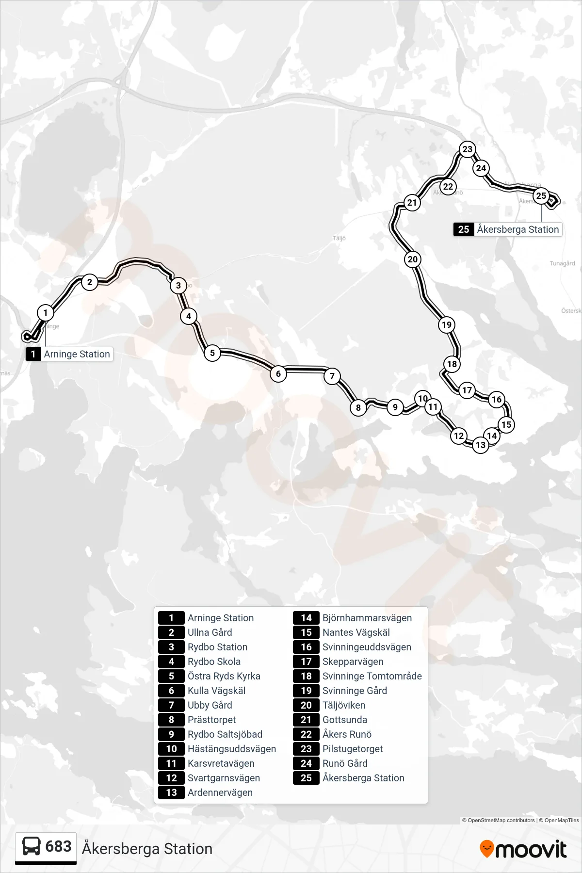 Rutt och hållplatser på karta för linje 683 buss, (Åkersberga Station)
