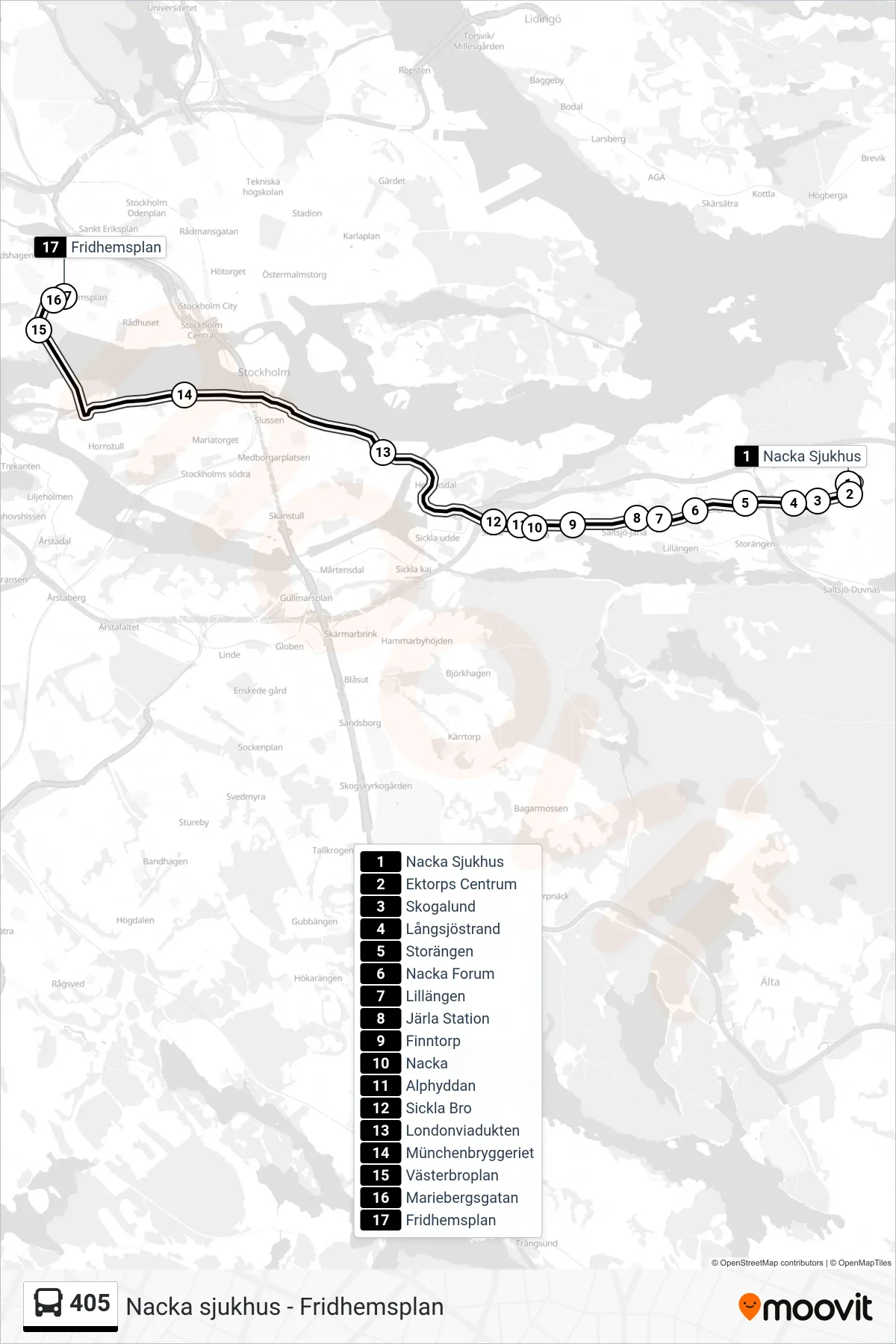 Rutt och hållplatser på karta för linje 405  buss, (Fridhemsplan)