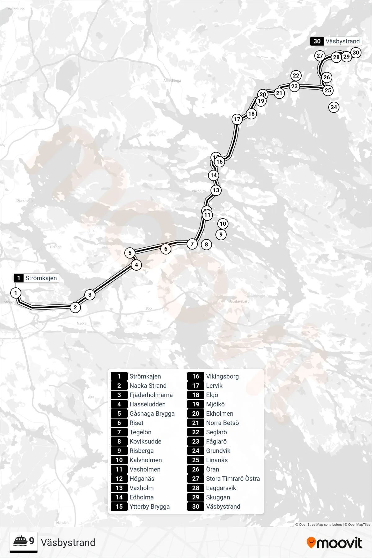 Rutt och hållplatser på karta för linje 9 färja, (Väsbystrand)