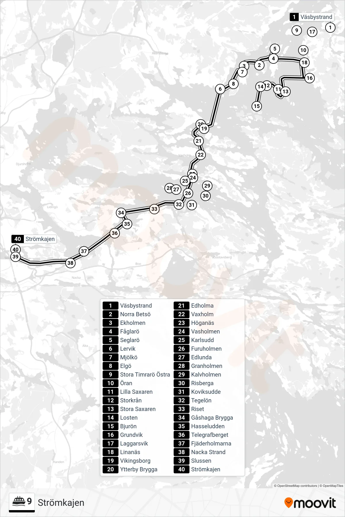 Rutt och hållplatser på karta för linje 9 färja, (Strömkajen)