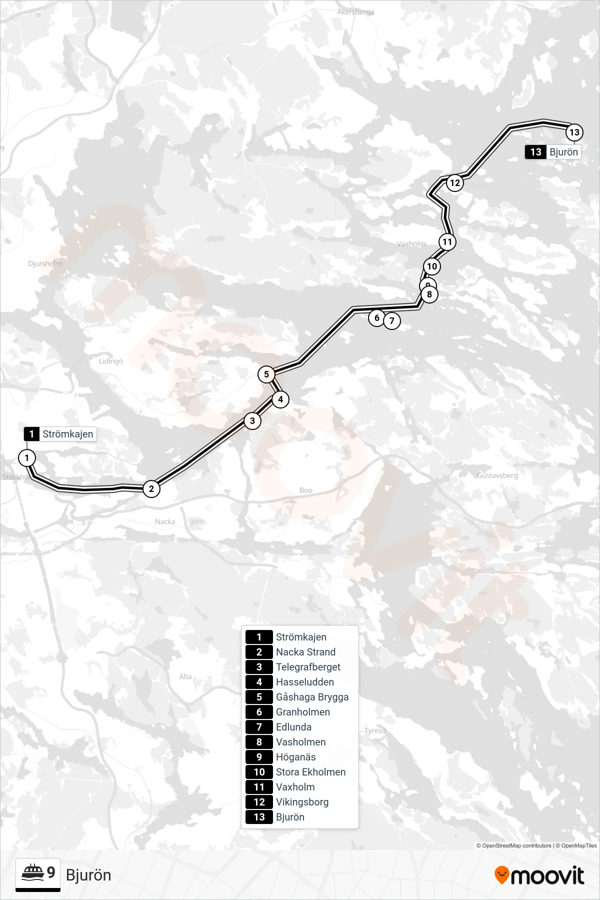 Rutt och hållplatser på karta för linje 9  färja, (Bjurön)