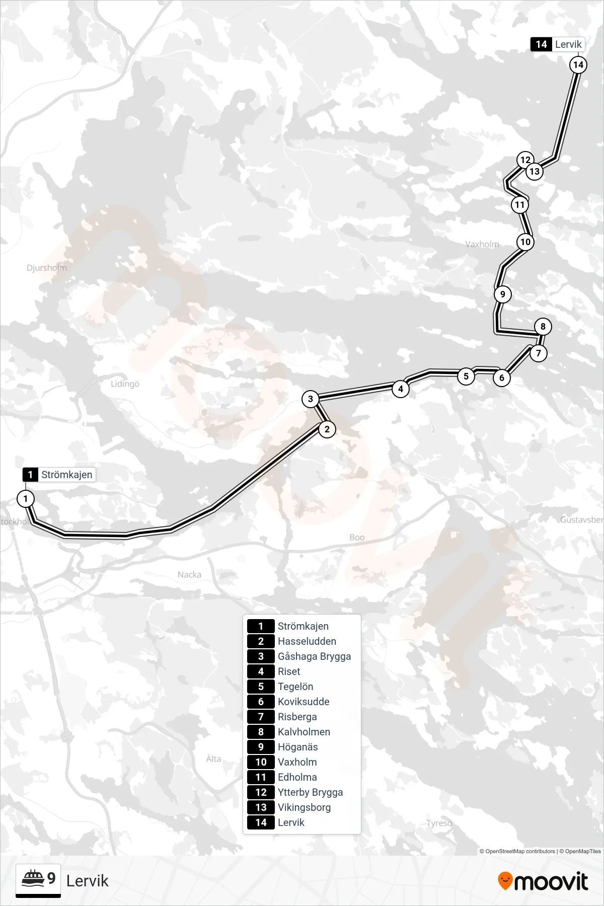 Rutt och hållplatser på karta för linje 9 färja, (Lervik)