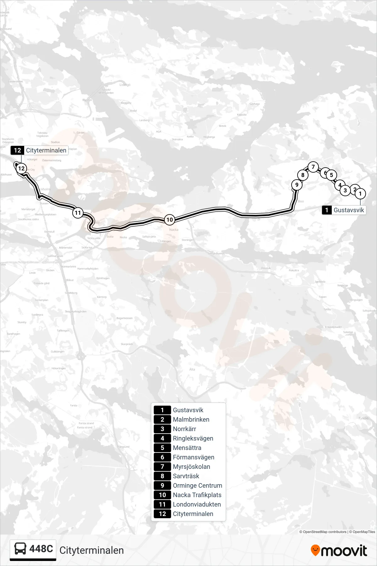 Rutt och hållplatser på karta för linje 448C  buss, (Cityterminalen)