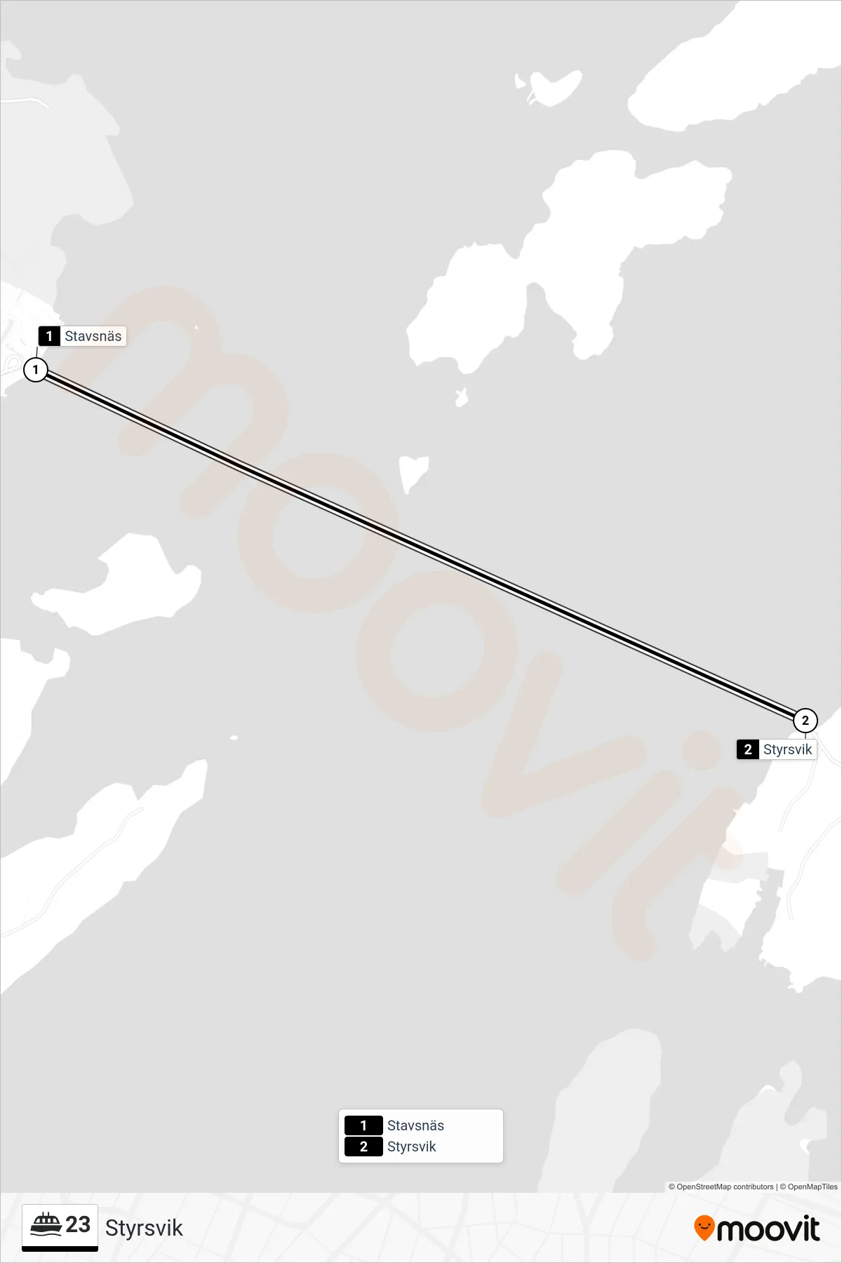 Rutt och hållplatser på karta för linje 23  färja, (Styrsvik)