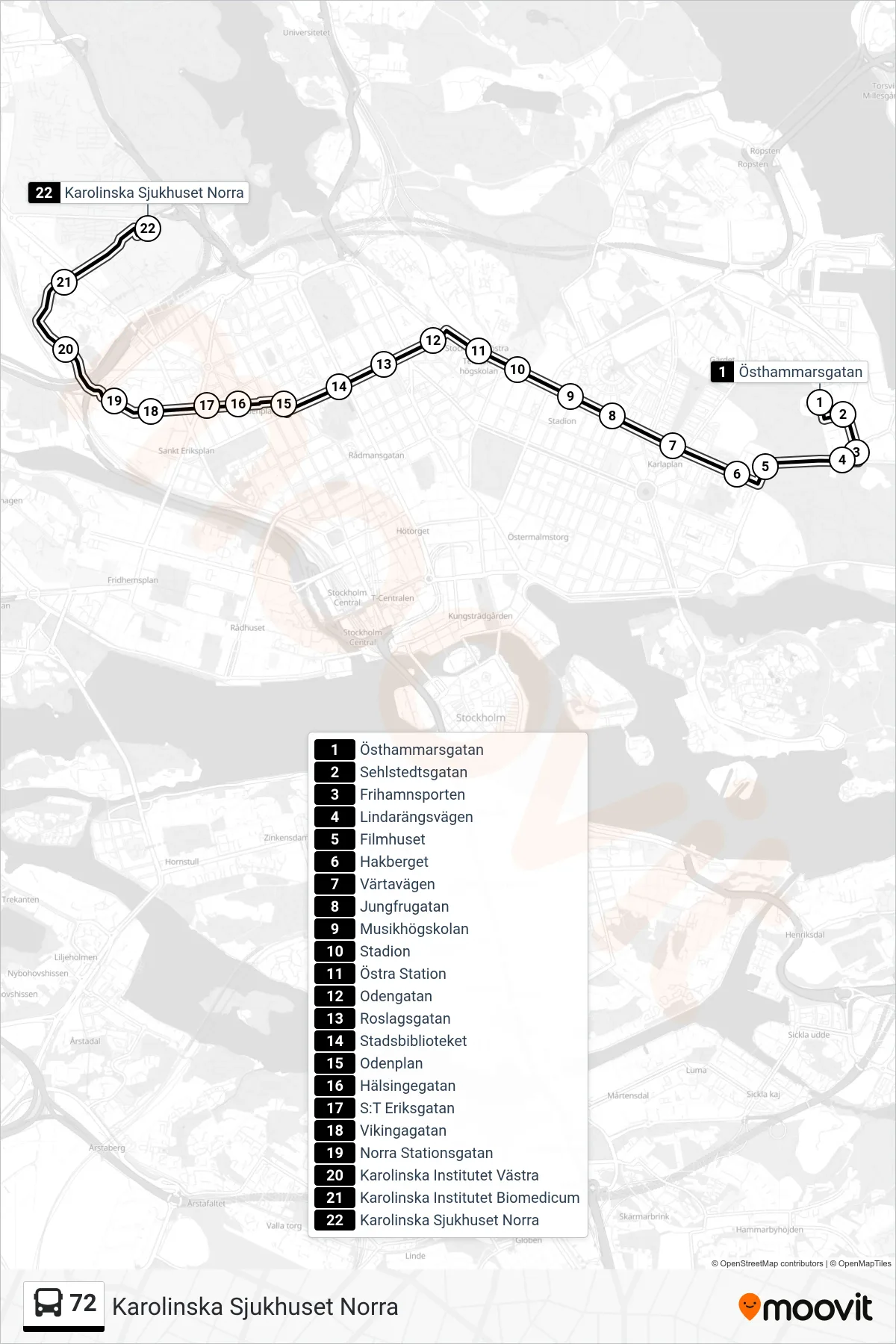 Rutt och hållplatser på karta för linje 72  buss, (Karolinska Sjukhuset Norra)
