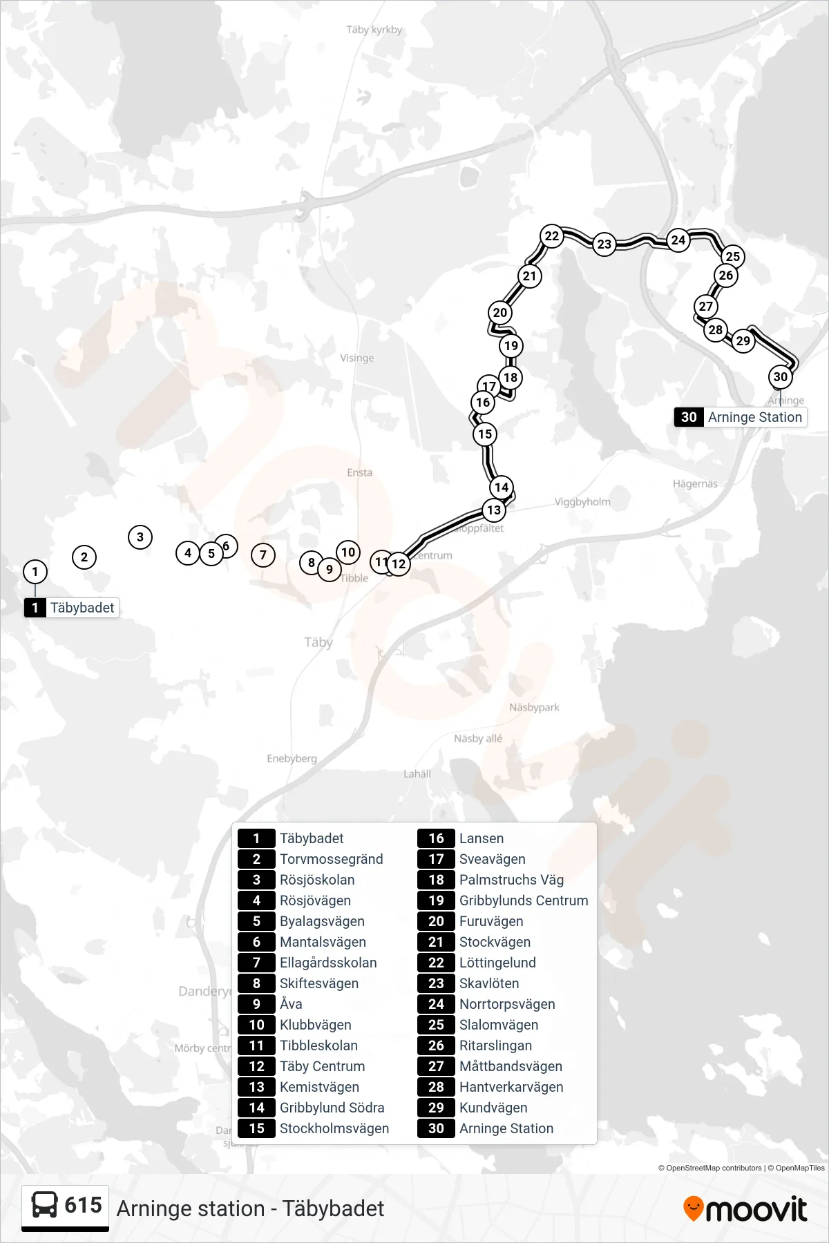 Rutt och hållplatser på karta för linje 615 buss, (Arninge Station)