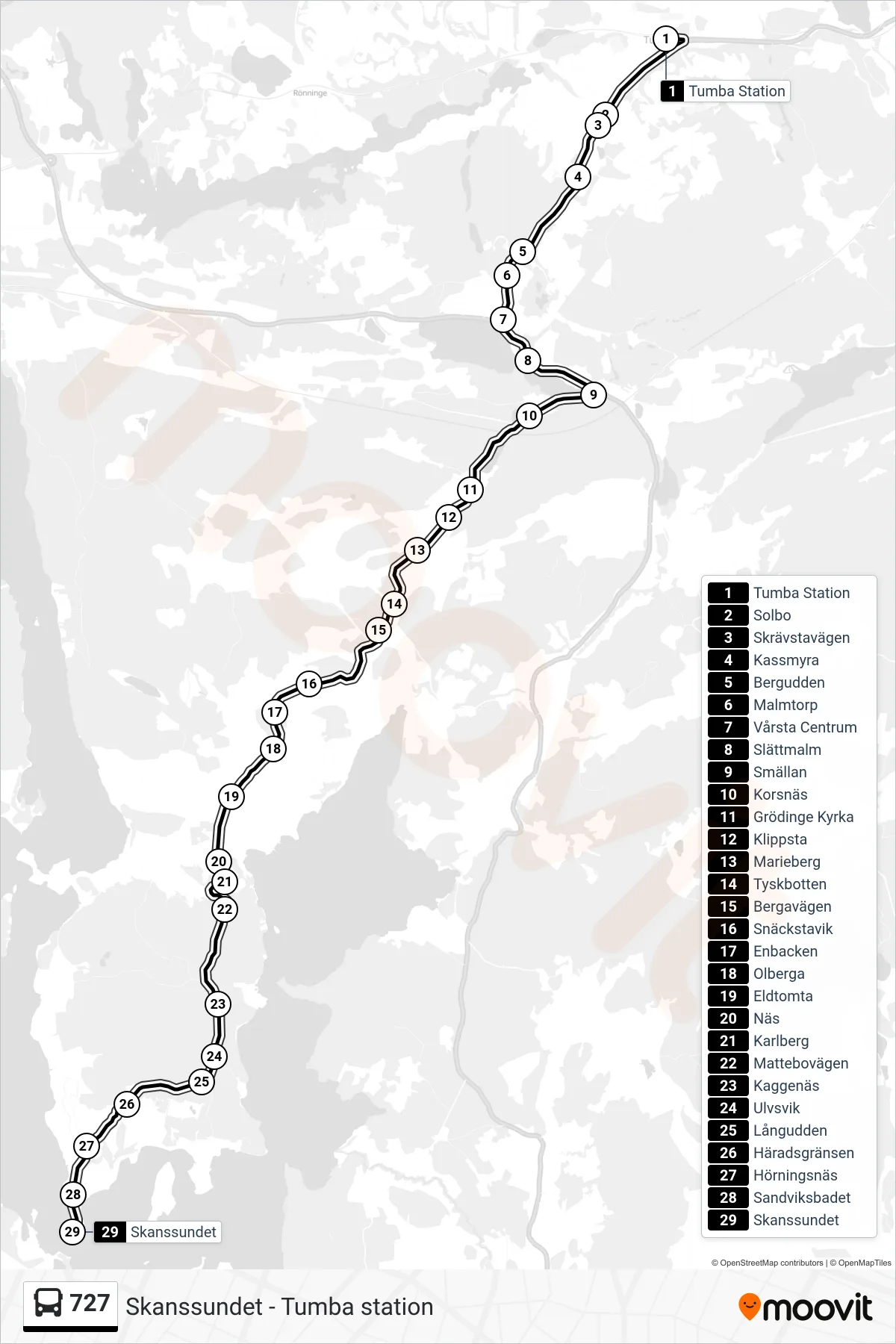 Rutt och hållplatser på karta för linje 727  buss, (Skanssundet)